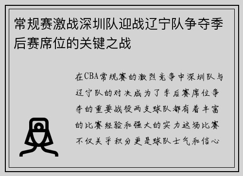 常规赛激战深圳队迎战辽宁队争夺季后赛席位的关键之战